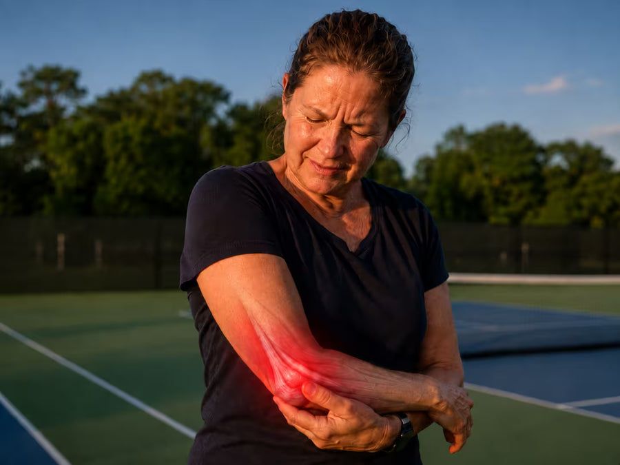 Pickleball player holding their elbow courtside after playing