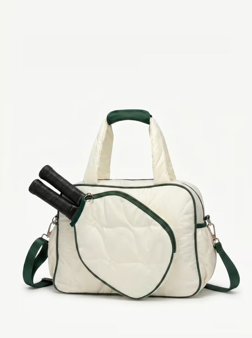 Rally All Day Duffle in White, women's pickleball duffle bag with crossbody strap and padded paddle sleeve