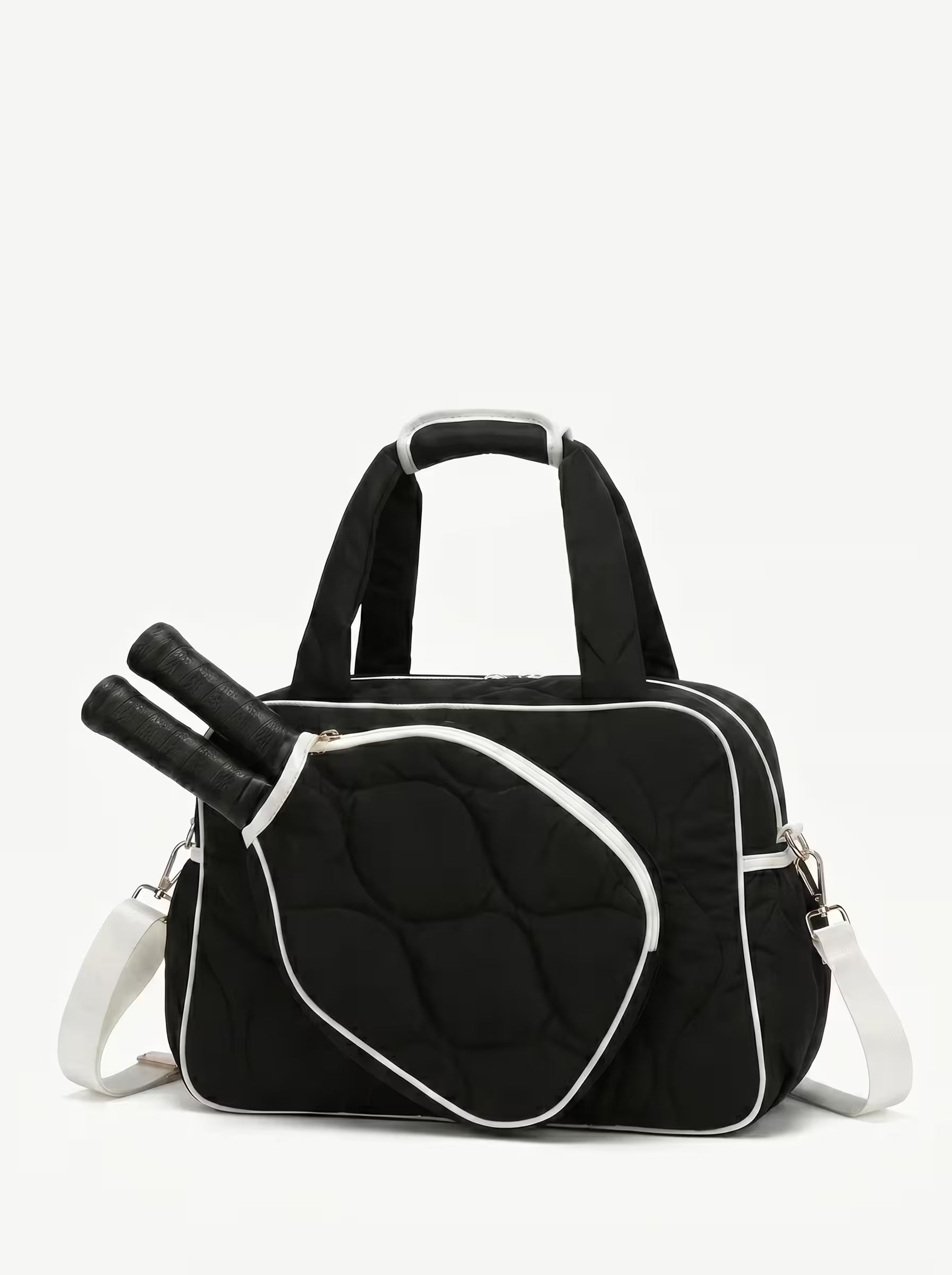 Rally All Day Duffle in Black, women's pickleball duffle bag with crossbody strap and padded paddle sleeve