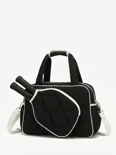 Rally All Day Duffle in Black, women's pickleball duffle bag with crossbody strap and padded paddle sleeve