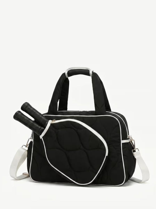 Rally All Day Duffle in Black, women's pickleball duffle bag with crossbody strap and padded paddle sleeve