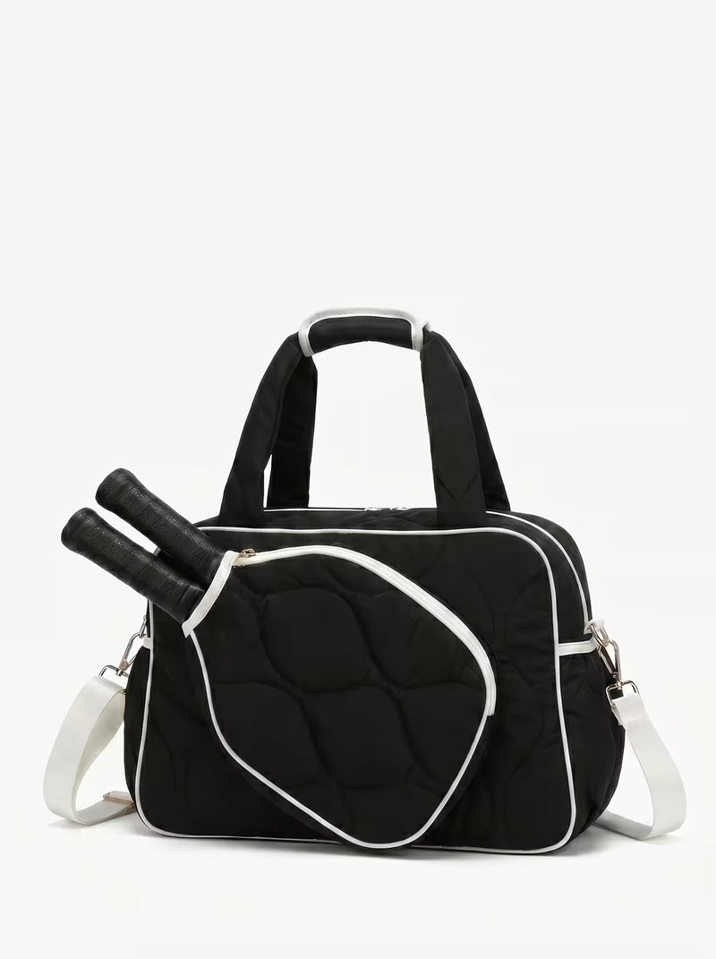 Rally All Day Duffle in Black, women's pickleball duffle bag with crossbody strap and padded paddle sleeve