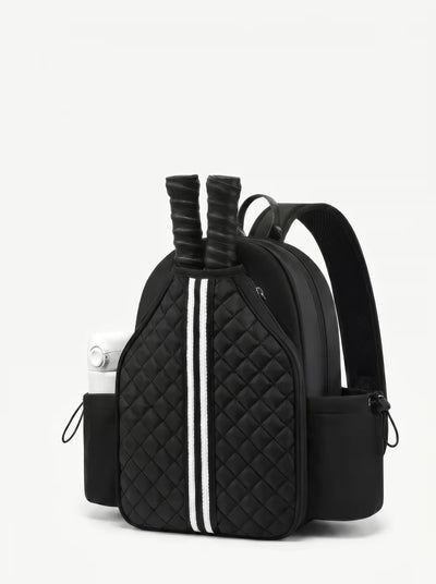 Rally Cross Body Backpack in Black, women's pickleball backpack with crossbody strap and padded paddle sleeve