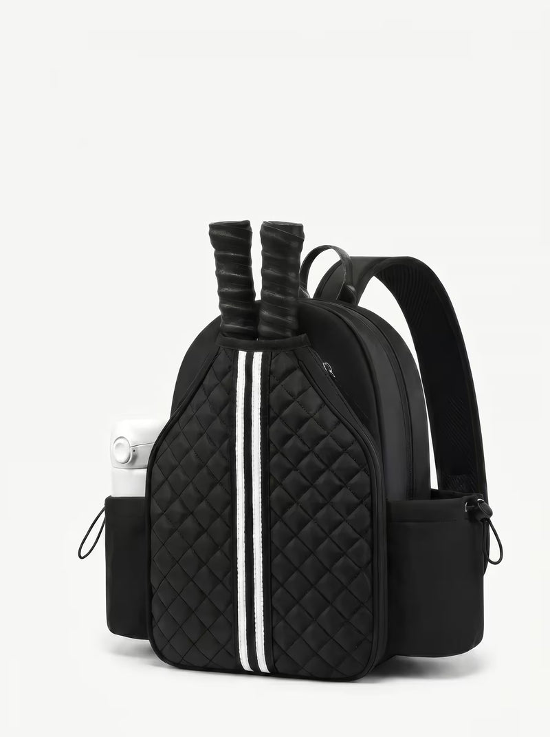 Rally Cross Body Backpack in Black, women's pickleball backpack with crossbody strap and padded paddle sleeve