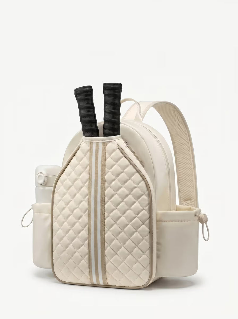 Rally Cross Body Backpack in Beige, women's pickleball backpack with crossbody strap and padded paddle sleeve