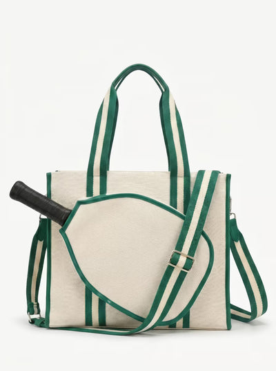 Rally All Day Tote in Green, women's pickleball tote bag with crossbody strap and padded paddle sleeve