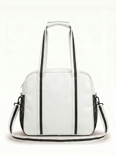 Back view of White Rally Court Tote showing crossbody strap and padded paddle sleeve