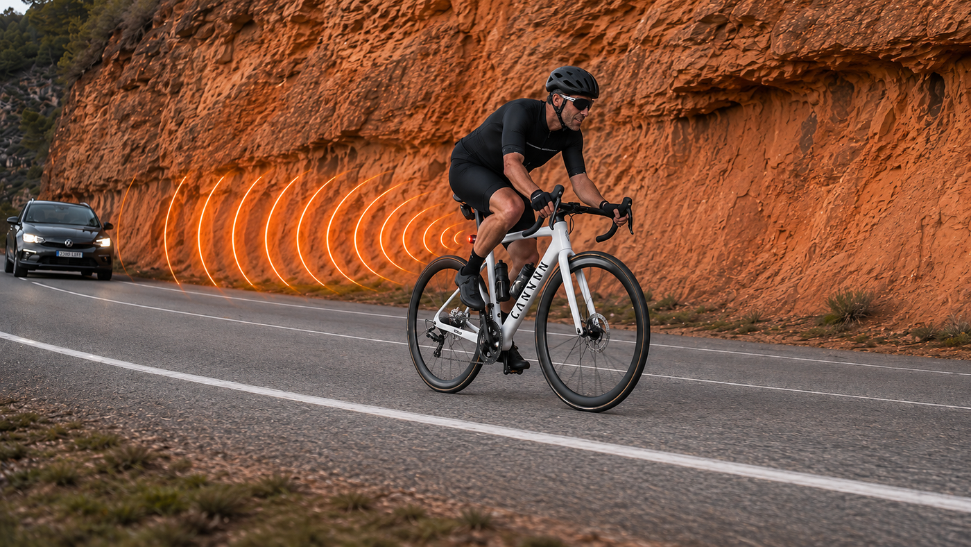 Rally Radar mounted on a road bike, rear light visible