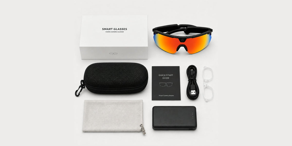 Everything in the box: glasses, case, pouch, quick start guide, USB cable, RX insert and power bank