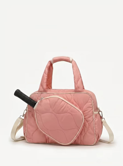Rally All Day Duffle in Pink, women's pickleball duffle bag with crossbody strap and padded paddle sleeve