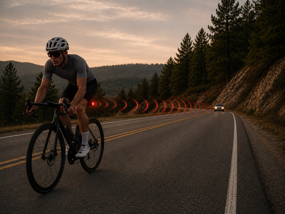 Road cyclist riding while a vehicle approaches from behind