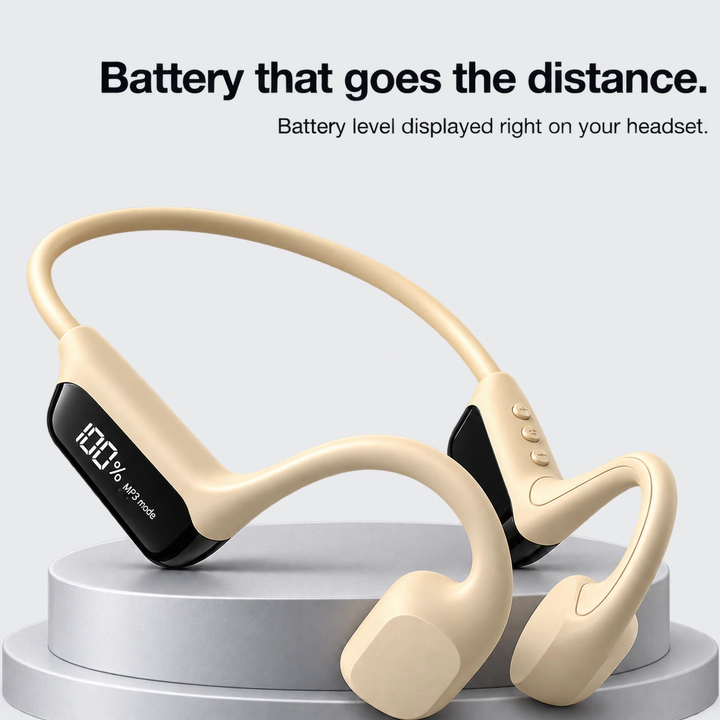 Battery that goes the distance. Battery level displayed right on your headset: Rally Audio in beige on a stand