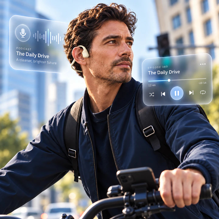 A rider on a city bike listening to a podcast through Rally Audio