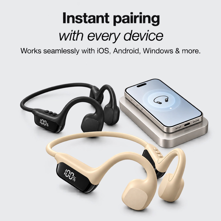 Instant pairing with every device. Works seamlessly with iOS, Android, Windows and more: two Rally Audio headsets next to a phone