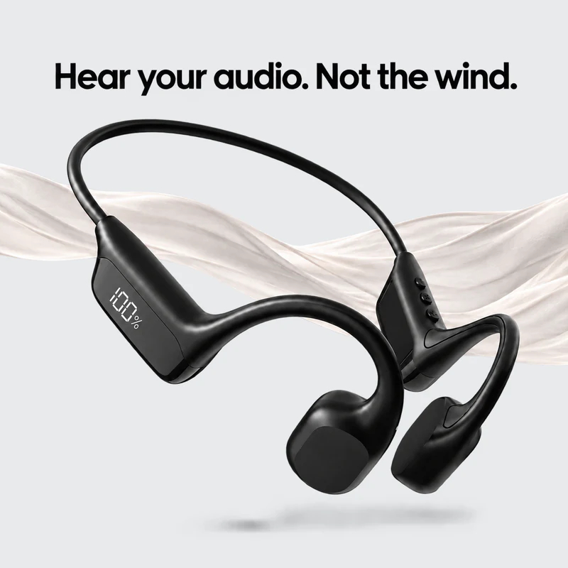 Hear your audio. Not the wind. Rally Audio open-ear headset with wind flowing past it