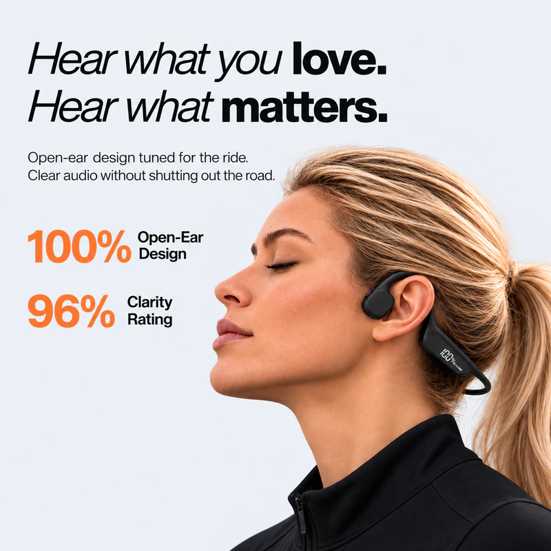 Hear what you love. Hear what matters. Open-ear design tuned for the ride. Clear audio without shutting out the road. 100% open-ear design, 96% clarity rating. A rider with eyes closed wearing Rally Audio, the headset resting outside the ear
