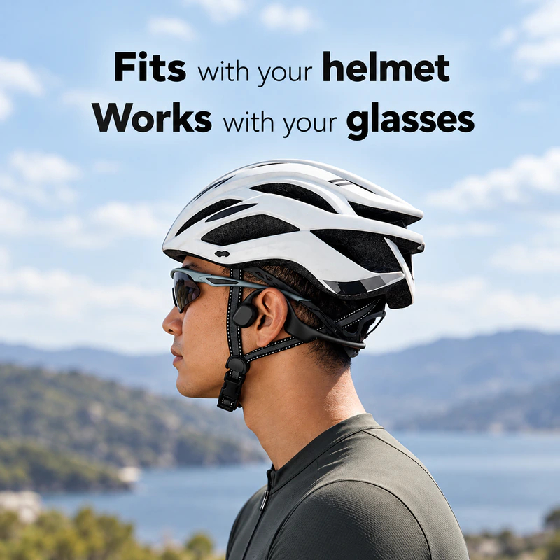 Fits with your helmet, works with your glasses: a rider wearing Rally Audio under a bike helmet and sunglasses