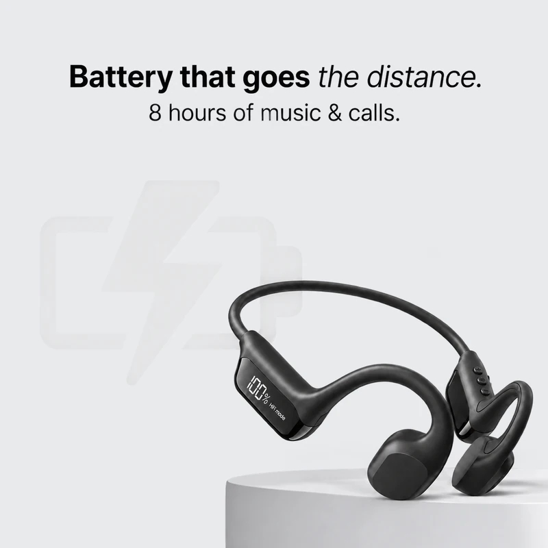 Battery that goes the distance. 8 hours of music and calls: Rally Audio next to a charging symbol