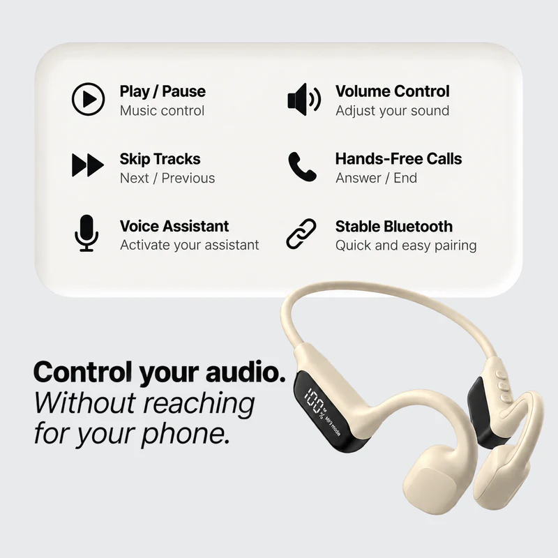 Control your audio. Without reaching for your phone. Rally Audio controls: play/pause, volume, skip tracks, hands-free calls, voice assistant and stable Bluetooth