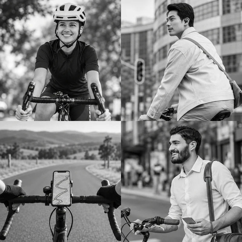 Riders using Rally Audio: on a road bike, on a city commute, with a phone on the handlebar for navigation, and on a call