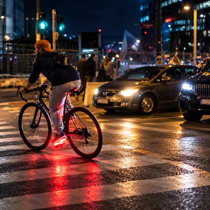 A cyclist with glowing Rally LED Pedals crossing a busy city intersection at night, cars waiting at the crosswalk