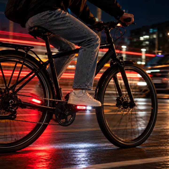 A cyclist pedaling through the city at night, the Rally LED Pedals leaving red light trails