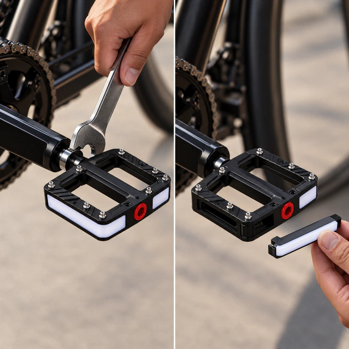 Two steps side by side: a pedal wrench screwing on a Rally LED Pedal, and a hand clicking out its light module