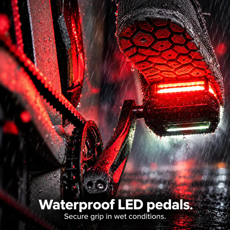 Waterproof LED pedals: secure grip in wet conditions