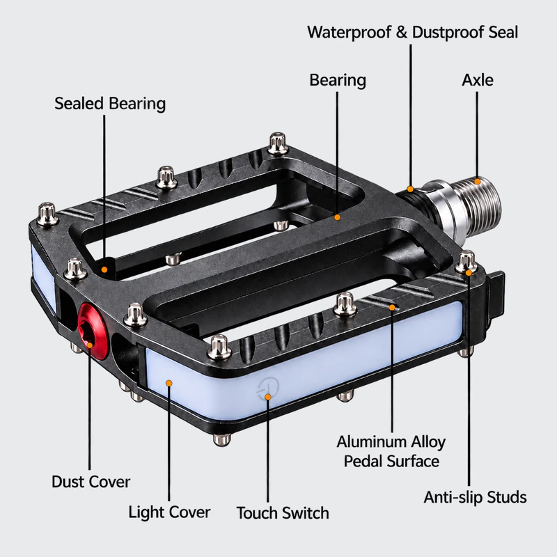 Pedal anatomy: waterproof and dustproof seal, sealed bearing, bearing, axle, dust cover, light cover, touch switch, aluminum alloy pedal surface and anti-slip studs