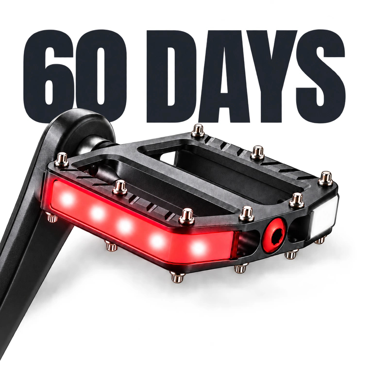 60 days risk-free guarantee: a glowing Rally LED Pedal under the words 60 DAYS