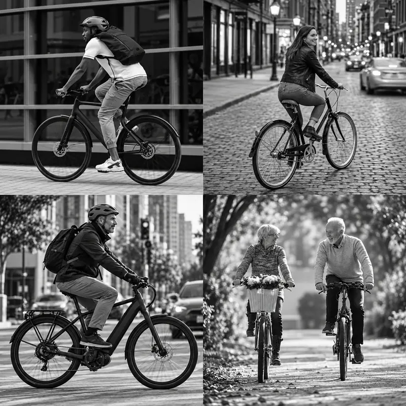 Four riders: a commuter with a backpack, a woman on a city street, a man on an e-bike and an older couple riding together in a park